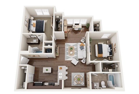 A top-down view of a small apartment layout with a kitchen, living room, and bathroom.
